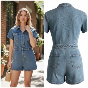 Lioness Blue Denim Short Sleeve Overalls